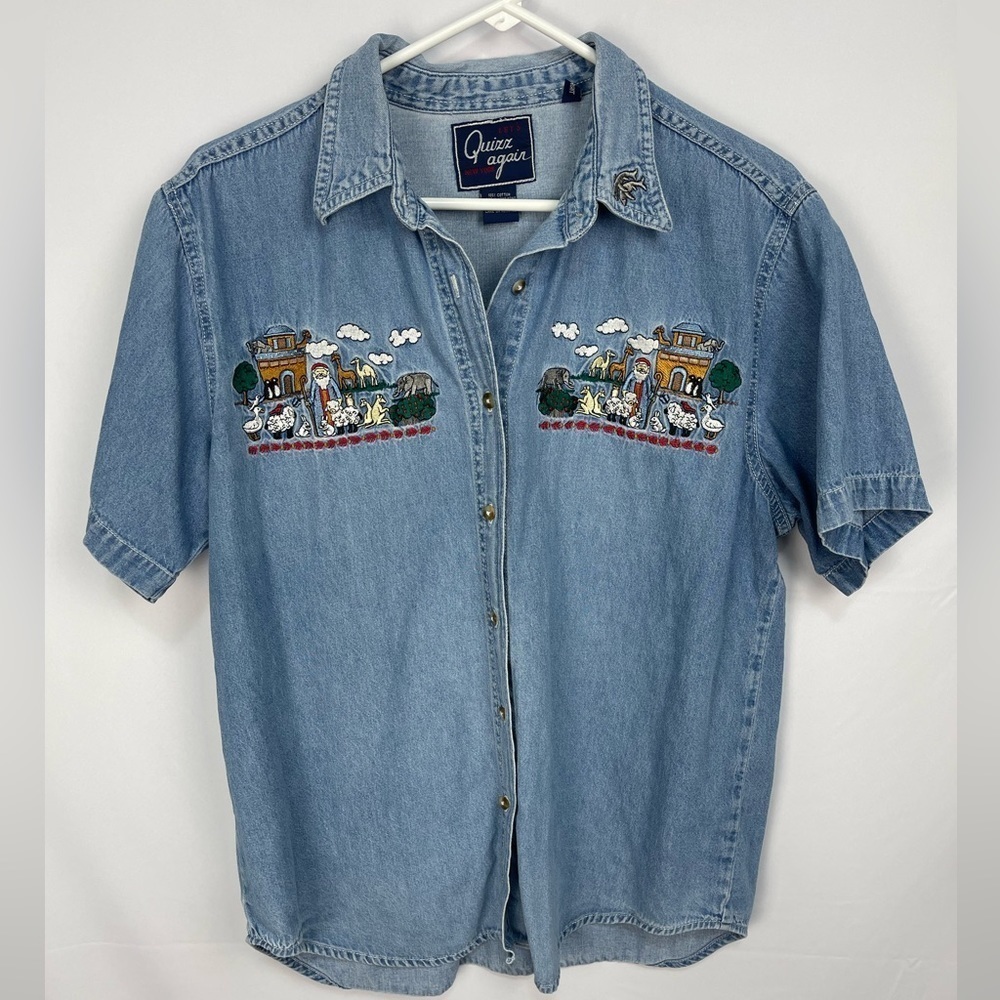 Let’s Quizz Again Noah’s ark button down short sleeve denim women’s top size L